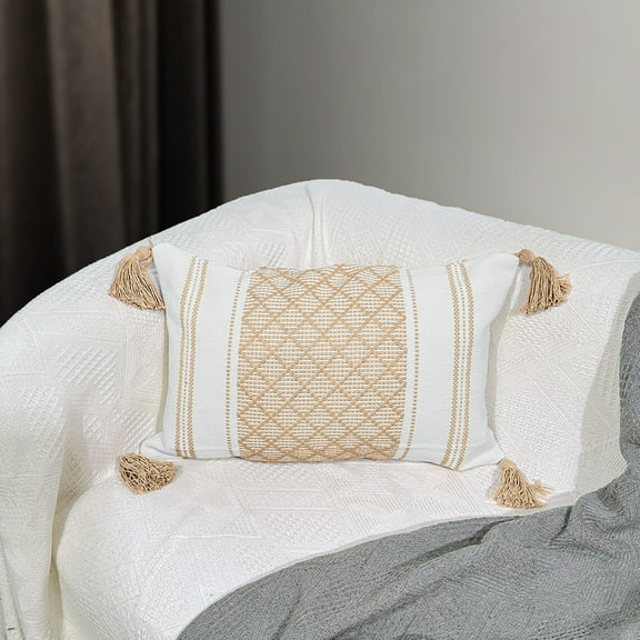 Firefly Hope 2Pcs 17.711.8in Rectangular Lumbar Pillow, Simple Thickened Jacquard Tassel Accent Pillow for Sofa & Home Decoration, Khaki