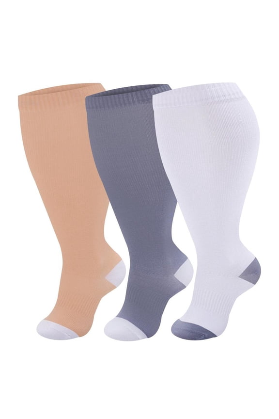 2XL Black Plus Size Wide Calf Compression Socks for Women, Circulation Support Stockings, 3 Pair, T19