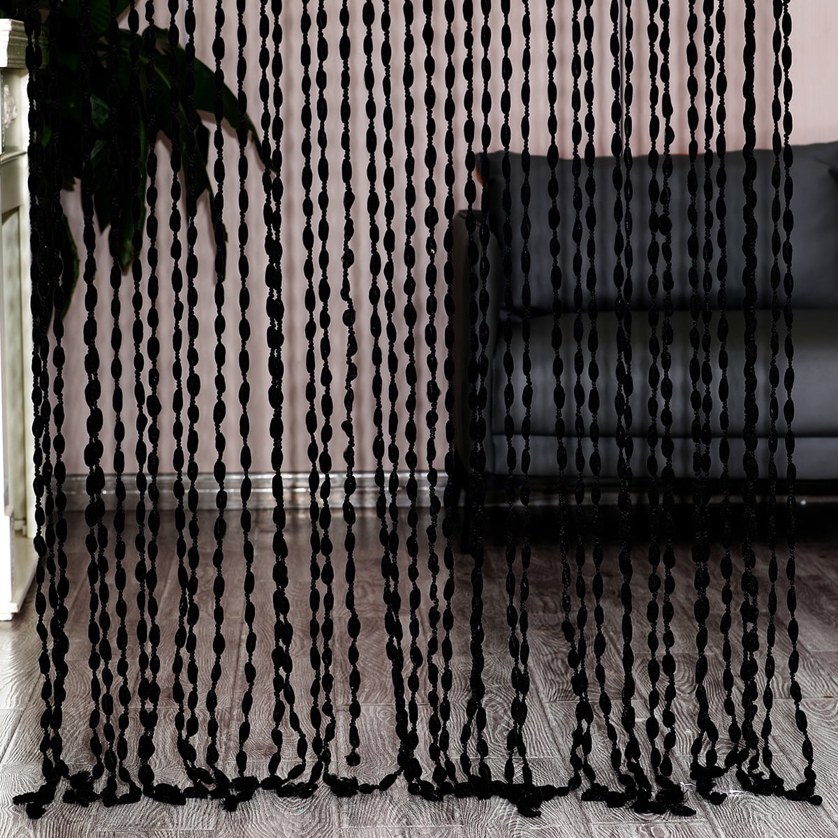 Firefly Hope 2pcs Black 39.37" x 78.74" Shaggy Tassel String Curtain Panel, Soft Fringe Room Divider for Doorways, Living Room & Bedroom Decor