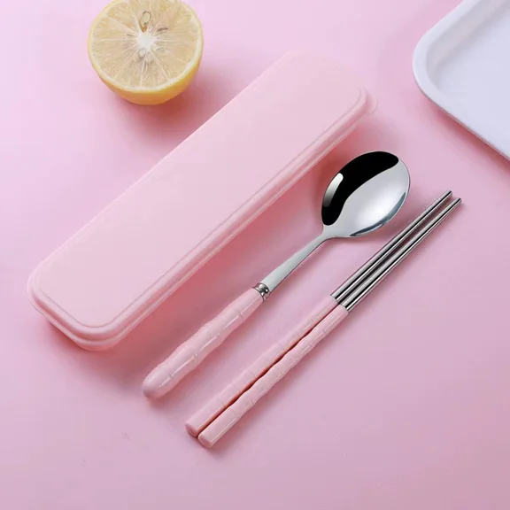 Firefly Hope 2pcs Complete Stainless Steel Silverware Set - Forks, Spoons & Chopsticks -Pink A