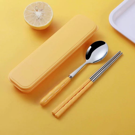 Firefly Hope 2pcs Complete Stainless Steel Silverware Set - Forks, Spoons & Chopsticks -Yellow
