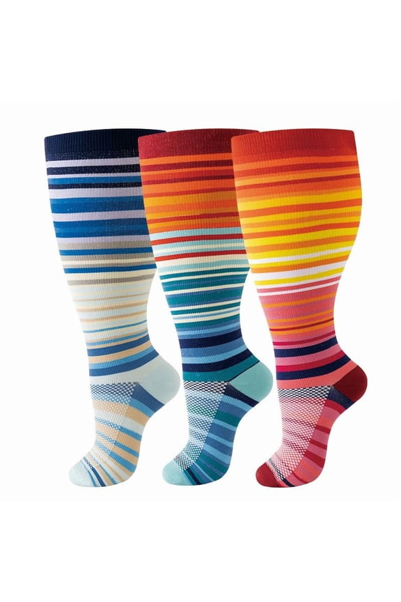 3 Pair 4XL Women's Plus Size Wide Calf Compression Socks, Colorful Knee High Socks for Running & Sport, H7