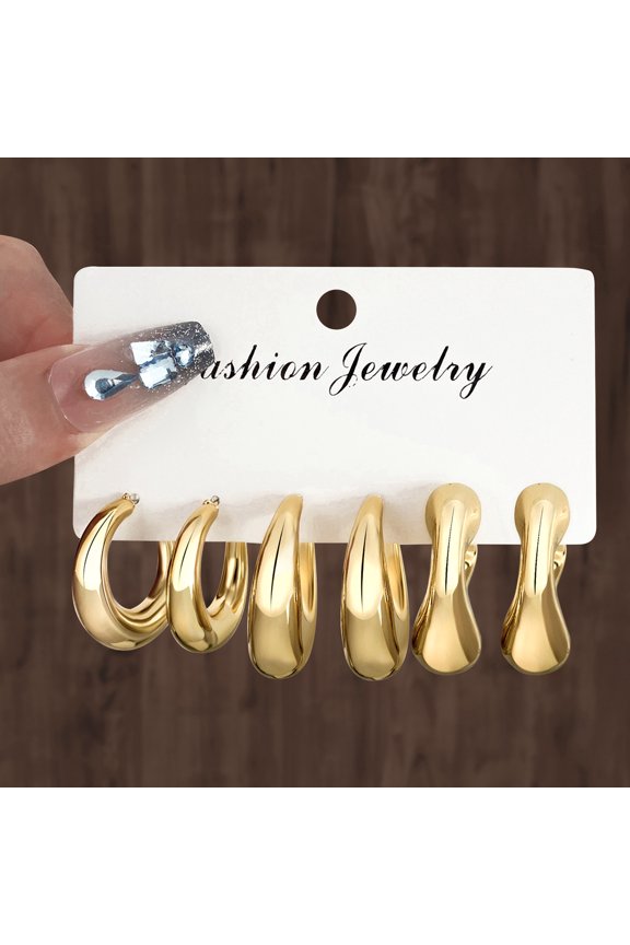 3 Pair Trendy Plated Hollow Tube Circle Ear Loops, Lightweight Chunky Large Gold Tone Hoops, Ear Jewelry Multipack for Women Daily Outfits, Golden Q