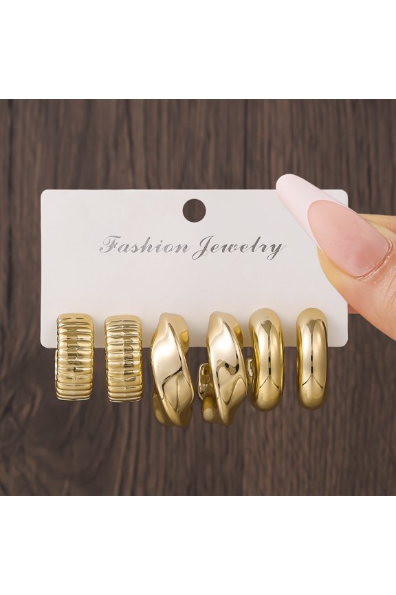 3 Pair Trendy Plated Hollow Tube Circle Ear Loops, Lightweight Chunky Large Gold Tone Hoops, Ear Jewelry Multipack for Women Daily Outfits, Golden H