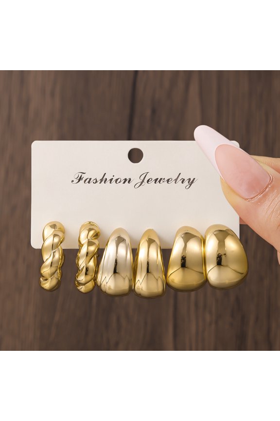 3 Pair Trendy Plated Hollow Tube Circle Ear Loops, Lightweight Chunky Large Gold Tone Hoops, Ear Jewelry Multipack for Women Daily Outfits, Golden I