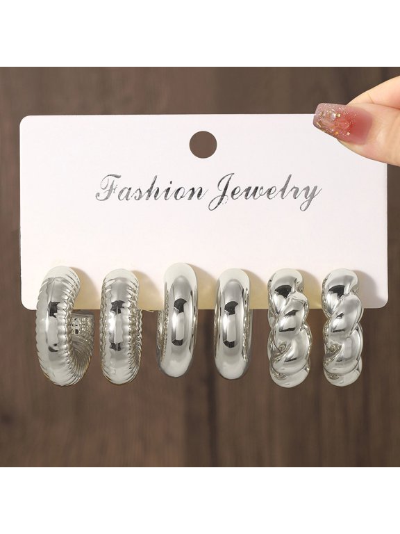 3 Pair Trendy Plated Hollow Tube Circle Ear Loops, Lightweight Chunky Large Silver Tone Hoops, Ear Jewelry Multipack for Women Daily Outfits, Silver F