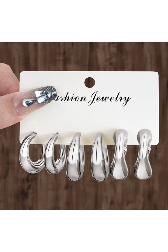 3 Pair Trendy Plated Hollow Tube Circle Ear Loops, Lightweight Chunky Large Silver Tone Hoops, Ear Jewelry Multipack for Women Daily Outfits, Silver Q