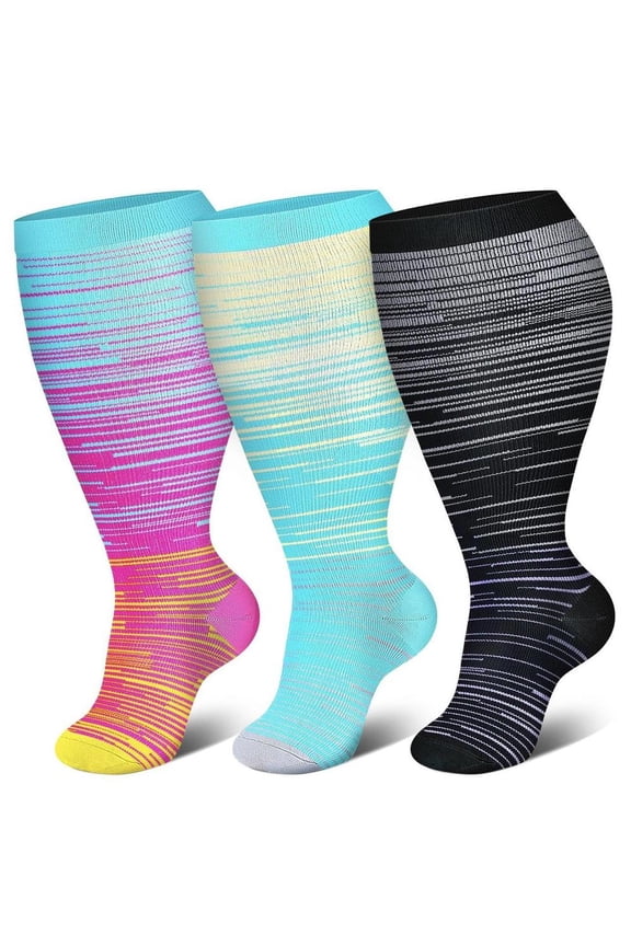 3 Pairs 4XL Plus Size Wide Calf Compression Socks for Women&Men, Knee High Stockings for Circulation, Travel, Yoga & Running, H3