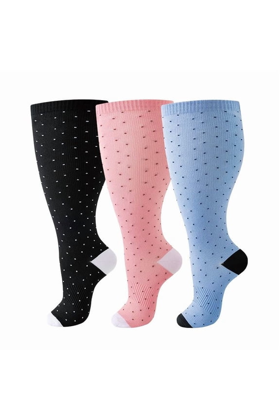 3 Pairs Bamboo Plus Size Wide Calf Compression Socks, Unisex Knee High Circulation Support Stockings,4XL, T7 Polka dot style