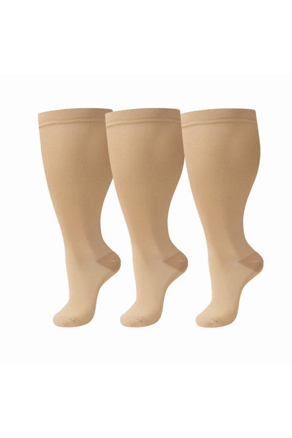 3 Pairs Plus Size Wide Calf Compression Socks for Women & Men, Extra Knee High Support Socks for Circulation, 2XL, Skin color