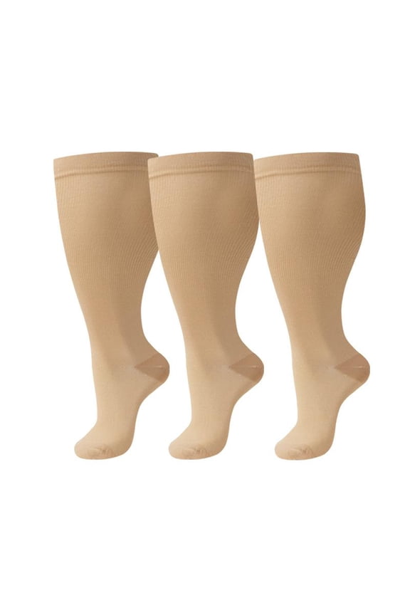3 Pairs Plus Size Wide Calf Compression Socks for Women & Men, Extra Knee High Support Socks for Circulation, 3XL, Skin color
