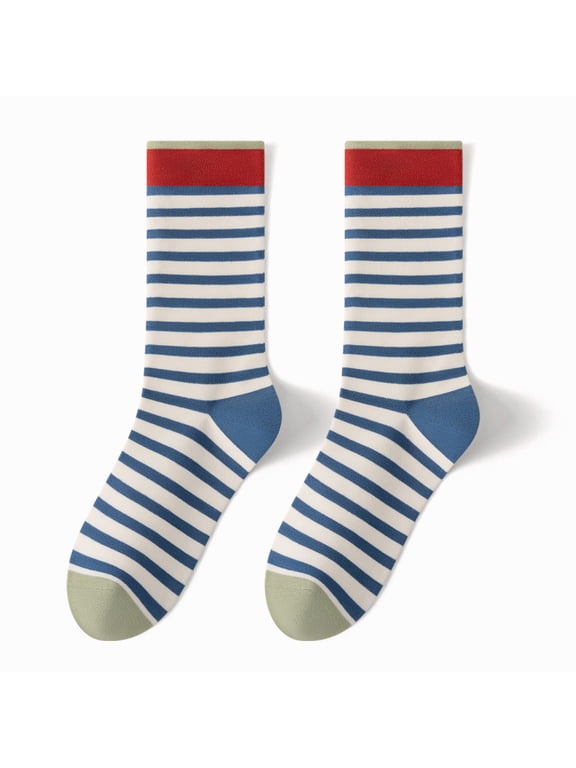 3 Pairs Women's Retro Striped Crew Socks, Colorful Cute Casual Quarter Socks, Breathable Athletic Socks Ideal for Daily Wear & Ladies Gift Giving, Blue