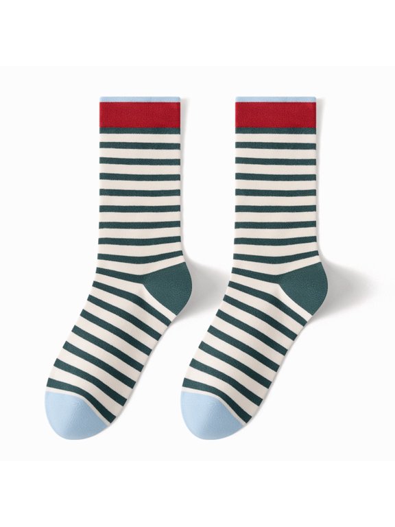 3 Pairs Women's Retro Striped Crew Socks, Colorful Cute Casual Quarter Socks, Breathable Athletic Socks Ideal for Daily Wear & Ladies Gift Giving, Dark Green