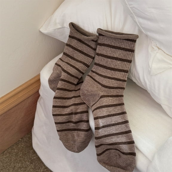 Firefly Hope 3 Pairs Women's Retro Striped Crew Socks - Cute Novelty Cotton Socks, Casual Athletic Style for Daily & Sporty Wear，light tan