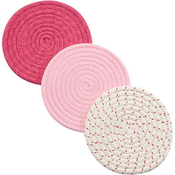 Firefly Hope 3 Pieces Cotton Woven Hot Pad Set, 7 Inch Round Pure Cotton Pot Holders & Trivets, Multi-use Mats & Spoon Rest for Cooking Baking, Pink Series
