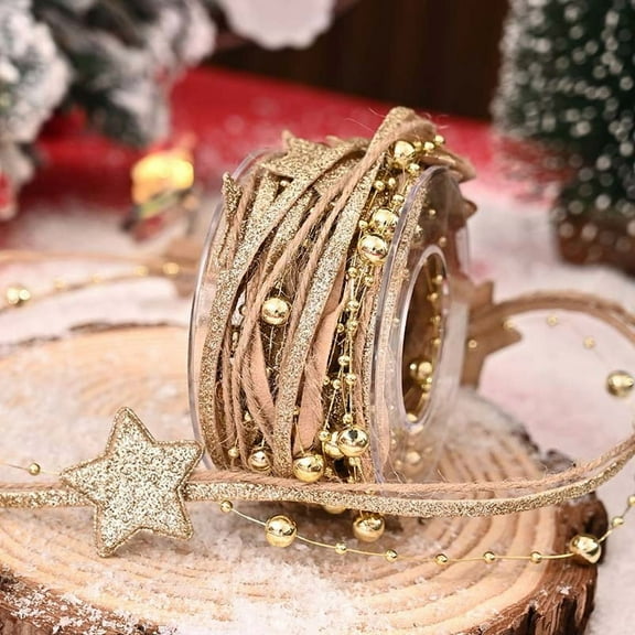 Firefly Hope 3 Roll 5 Yard Christmas Beads Ribbon, Xmas Tree Trim Rope for Garland, Wreath & Gift Wrapping Decor, Golden
