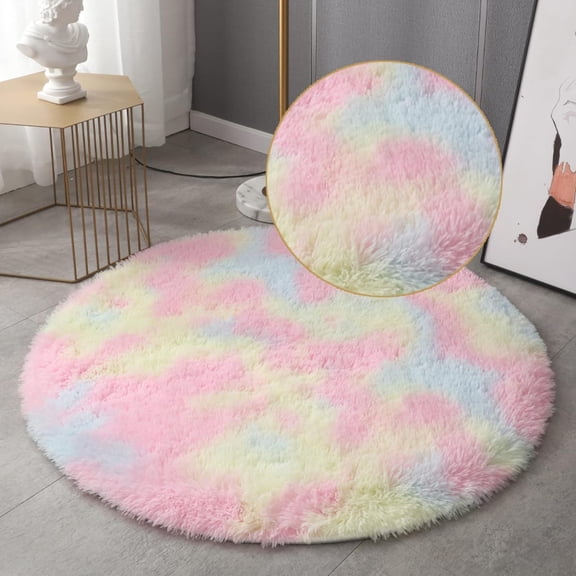 Firefly Hope 31 Inch Round Multicolor Tie-dye Plush Shaggy Bathroom Runner Rug, Non-Skid Washable Bath Mat for Bathroom Decor & Flooring
