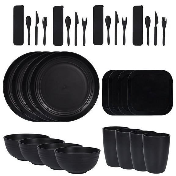 Firefly Hope 32pcs 4 Person Wheat Straw Dinnerware Set, Lightweight Unbreakable Plates, Cups & Bowls, Eco-Friendly Dinnerware with Microwave for Picnics, Dorms & Camping -Black