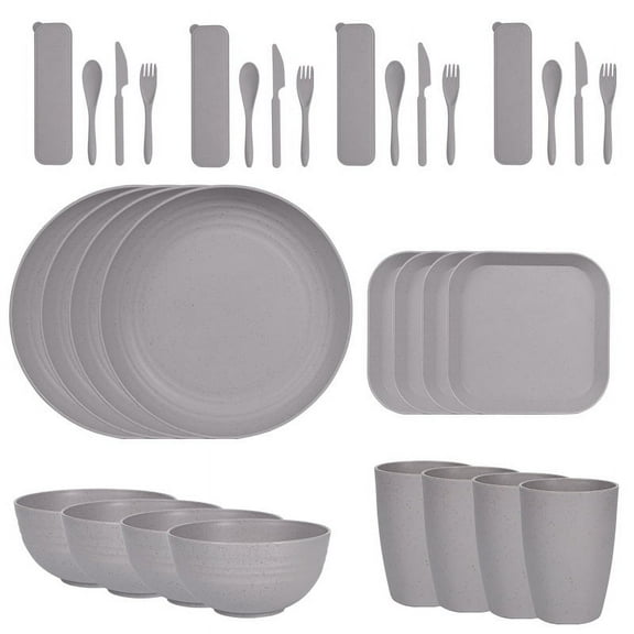 Firefly Hope 32pcs 4 Person Wheat Straw Dinnerware Set, Lightweight Unbreakable Plates, Cups & Bowls, Eco-Friendly Dinnerware with Microwave for Picnics, Dorms & Camping -Grey