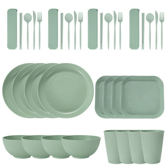 Firefly Hope 36 Piece Wheat Straw Dinnerware Set, Plates, Bowls & Cutlery, Unbreakable BPA-Free Eco-Friendly Dinnerware, Microwave Safe for Parties, Picnics, College Dorms & Camping Light Green