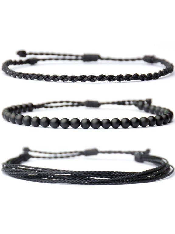 3Pcs Handmade Natural Stone Beaded Healing Bracelet, Adjustable Rope String Jewelry Gift for Men and Women A02