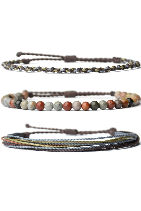 3Pcs Handmade Natural Stone Beaded Healing Bracelet, Adjustable Rope String Jewelry Gift for Men and Women A07