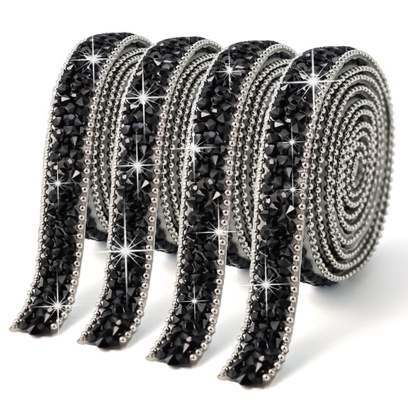 Firefly Hope 4 Rolls 1cm Wide Black Self-Adhesive Rhinestone Ribbon, Bling Resin Crystal Trim Tape for DIY Art Gift Wedding Party Decor
