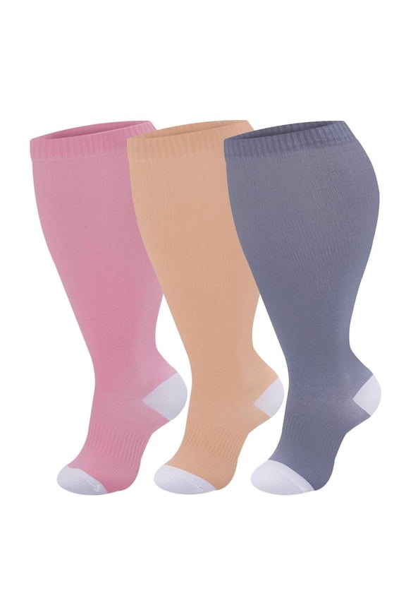 4XL Black Plus Size Wide Calf Compression Socks for Women, Circulation Support Stockings, 3 Pair, T18