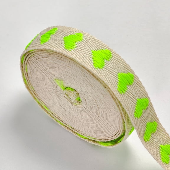 Firefly Hope 5/8 Inch Soft Cotton Herringbone Fabric Trim, Heart Pattern Twill Binding Strips, 5 Yard Decorative Craft Ribbon Roll, Fluorescent Green