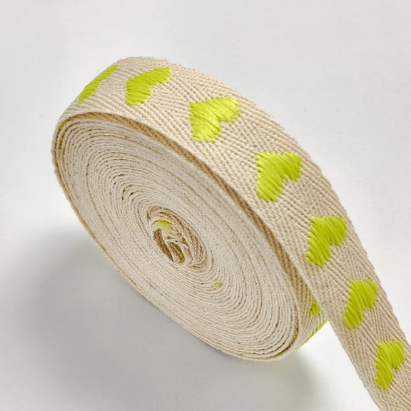 Firefly Hope 5/8 Inch Soft Cotton Herringbone Fabric Trim, Heart Pattern Twill Binding Strips, 5 Yard Decorative Craft Ribbon Roll, Fluorescent Yellow