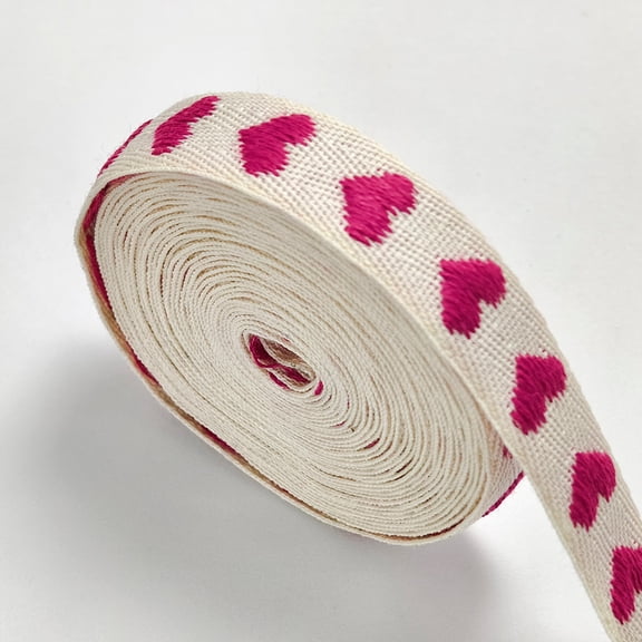 Firefly Hope 5/8 Inch Soft Cotton Herringbone Fabric Trim, Heart Pattern Twill Binding Strips, 5 Yard Decorative Craft Ribbon Roll, Purple Red
