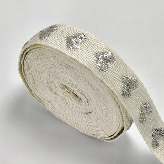 Firefly Hope 5/8 Inch Soft Cotton Herringbone Fabric Trim, Heart Pattern Twill Binding Strips, 5 Yard Decorative Craft Ribbon Roll, Silver
