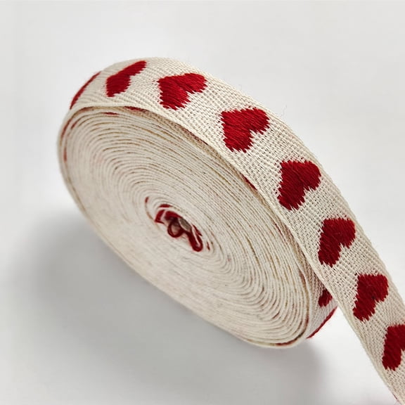 Firefly Hope 5/8 Inch Soft Cotton Herringbone Fabric Trim, Heart Pattern Twill Binding Strips, 5 Yard Decorative Craft Ribbon Roll, Wine Red