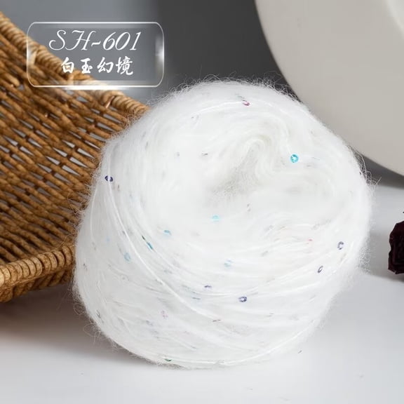 Firefly Hope 50g Sequined White Mohair Wool Blend Yarn, Sparkly Glitter Craft Yarn for Knitting & Crochet, Ideal for DIY Winter Hats, Sweaters & Shawls