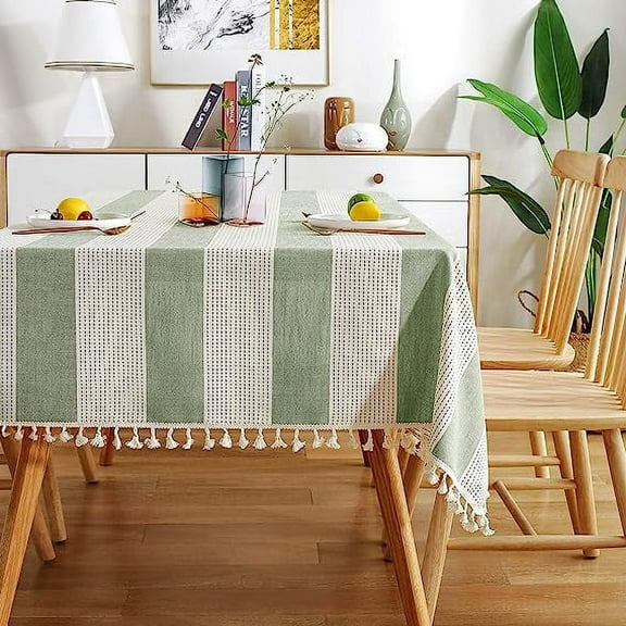 Firefly Hope 54"x70" Rectangular Cotton Linen Tablecloth, Striped with Stitching & Tassels, Dust-Proof Cover for Kitchen & Dining, Green