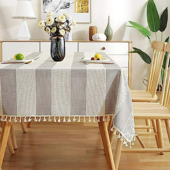 Firefly Hope 54"x70" Rectangular Cotton Linen Tablecloth, Striped with Stitching & Tassels, Dust-Proof Cover for Kitchen & Dining, Grey