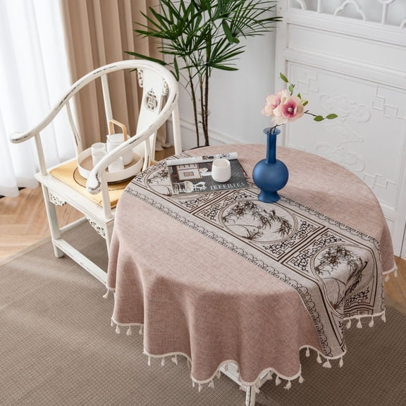 Firefly Hope 59" Round Farmhouse Style Tablecloth with Decorative Beige Tassels, Soft Cotton Polyester Table Cloth for Dining Room & Kitchen Decoration, S20