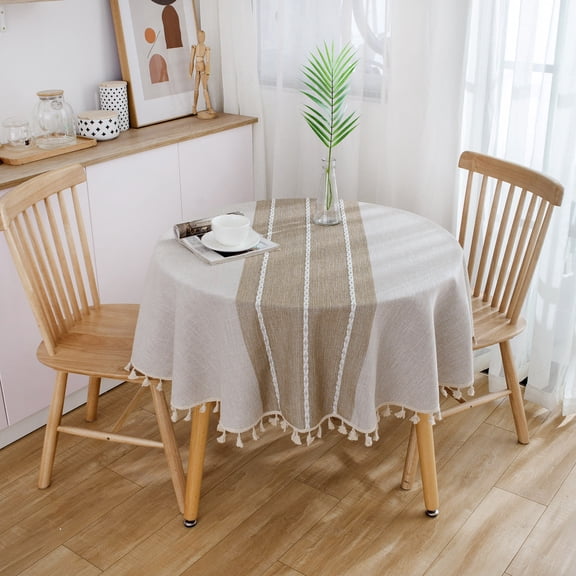 Firefly Hope 59" Round Farmhouse Style Tablecloth with Decorative Beige Tassels, Soft Cotton Polyester Table Cloth for Dining Room & Kitchen Decoration, S8