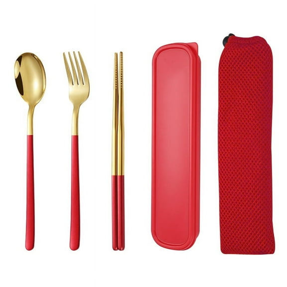Firefly Hope 5pcs Stainless Steel Food-Grade Cutlery Set, Durable Flatware for Dining, Complete Tableware Eating Utensils Set for Everyday Serving & Meals,Gold Red
