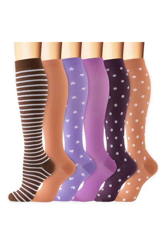 6 Pairs L/XL Compression Support Socks for Women & Men, Comfort Circulation Socks for Nurses, Running, Hiking & Daily Recovery, Style 21