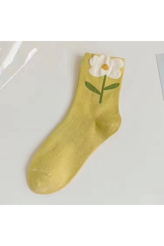 6 Pairs Soft Thin Cotton Socks with Floral Patterns for Women, Above Ankle Bootie & Crew Socks,Yellow