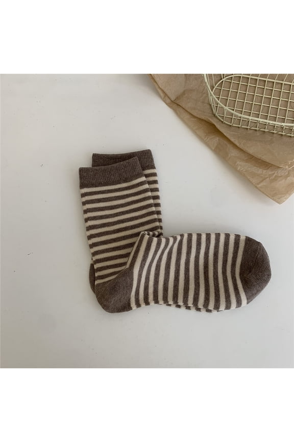 6 Pairs Women's Retro-Vintage Striped Cotton Crew Socks - Cute Athletic Aesthetic, Soft & Versatile for Daily WearCoffee