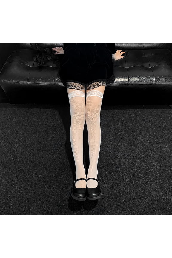 6 Pairs of Chic Lace Top Fishnet Thigh Highs, Silicone Stay-Up Tights for Women, Stylish LegwearWhite