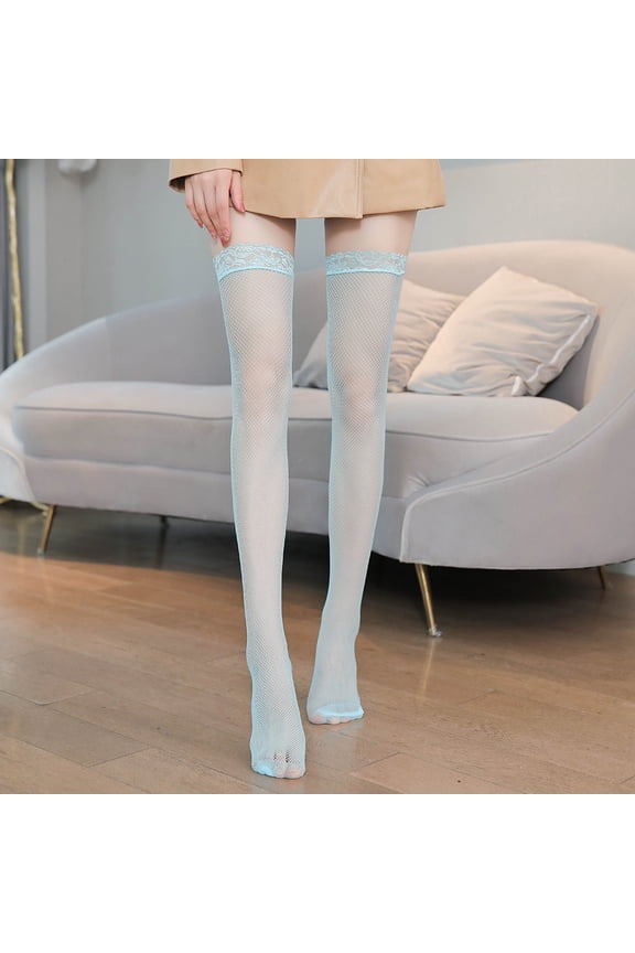 6 Pairs of Lace Top Fishnet Thigh High Stockings Silicone Top Stay Up Tights for WomenLight Blue