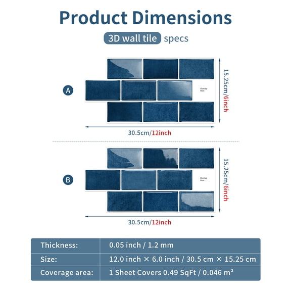 Firefly Hope 6-Sheet 6"12" Peel and Stick Subway Tiles, Waterproof Self-Adhesive Backsplash for Kitchen & Bathroom DIY Decor, Dark Blue