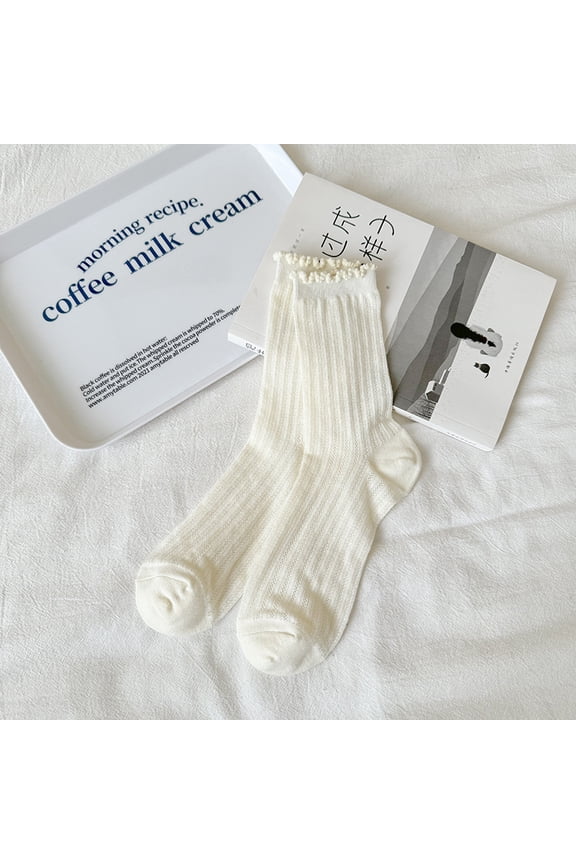 6 pairs - Women's Spring & Autumn Thin Sweet Mid-Crew Socks - Cute Lace-Trimmed, Breathable & Stylish,Beige