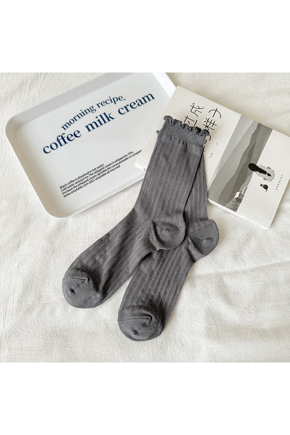 6 pairs - Women's Spring & Autumn Thin Sweet Mid-Crew Socks - Cute Lace-Trimmed, Breathable & Stylish,Dark Grey