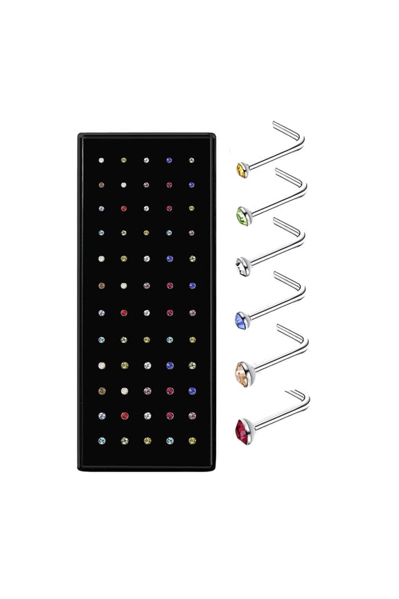 Firefly Hope 60-Pack 22G Colour L-Shaped Stainless Steel Nose Studs 1.5mm/2mm/2.5mm Sizes, Piercing Body Jewelry Set