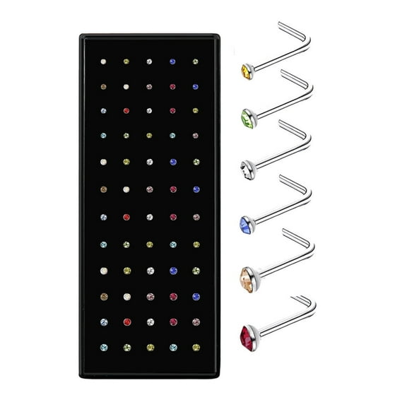 Firefly Hope 60-Pack 22G Colour L-Shaped Stainless Steel Nose Studs 1.5mm/2mm/2.5mm Sizes, Piercing Body Jewelry Set