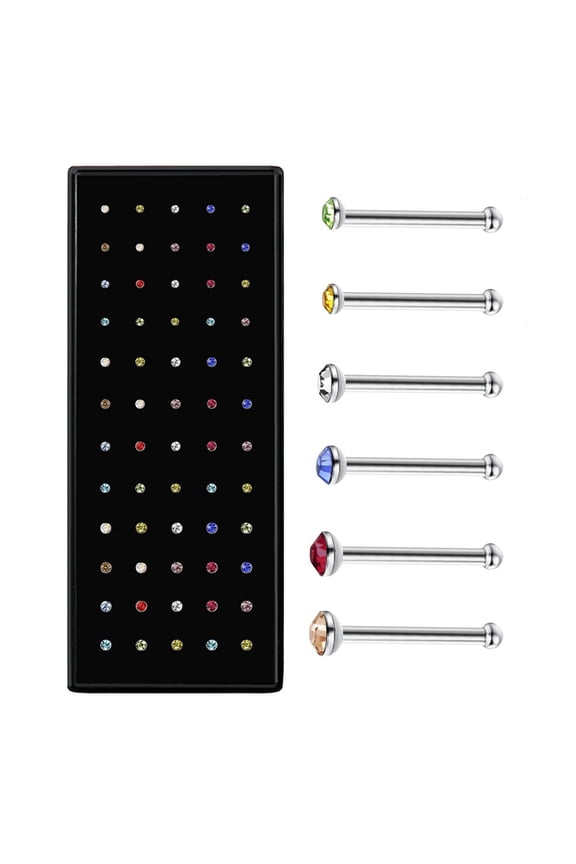 60Pcs Stainless Steel Straight, Shaped Nose Studs, 20G-22G Sizes, 1.5mm/2mm/2.5mm Piercing Body Jewelry, Multicolored